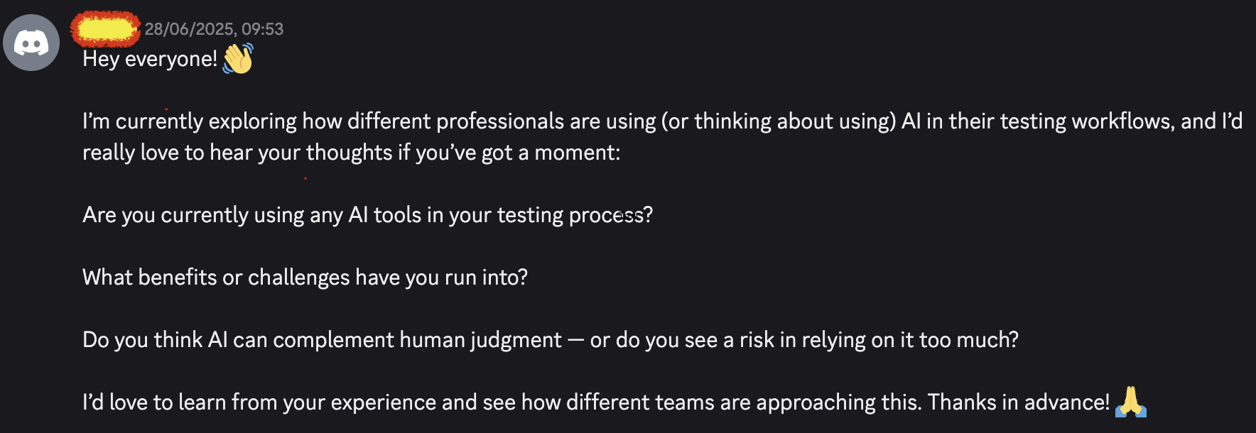 Discord conversation showing helpful QA community interaction